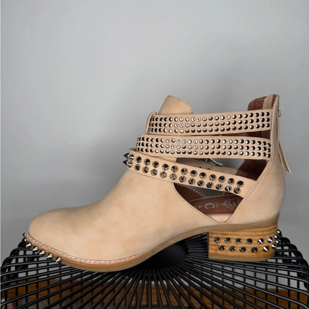 Jeffrey Campbell Everly Studded Tan Suede Ankle Boots Buckle Wedge Size 9.5 - Picture 5 of 8